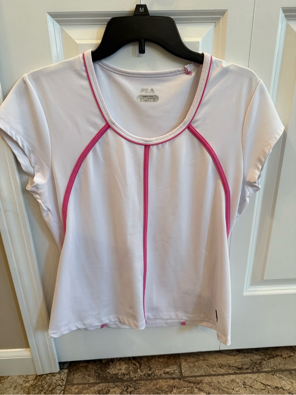 FILA White Short Sleeve Athletic Tee with Pink Piping